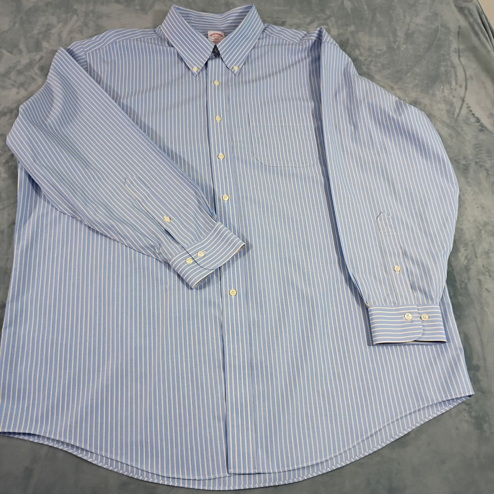 Brooks Brothers 346 Mens 18-4/5 Regular Fit Blue Yellow Striped Non-Iron Shirt